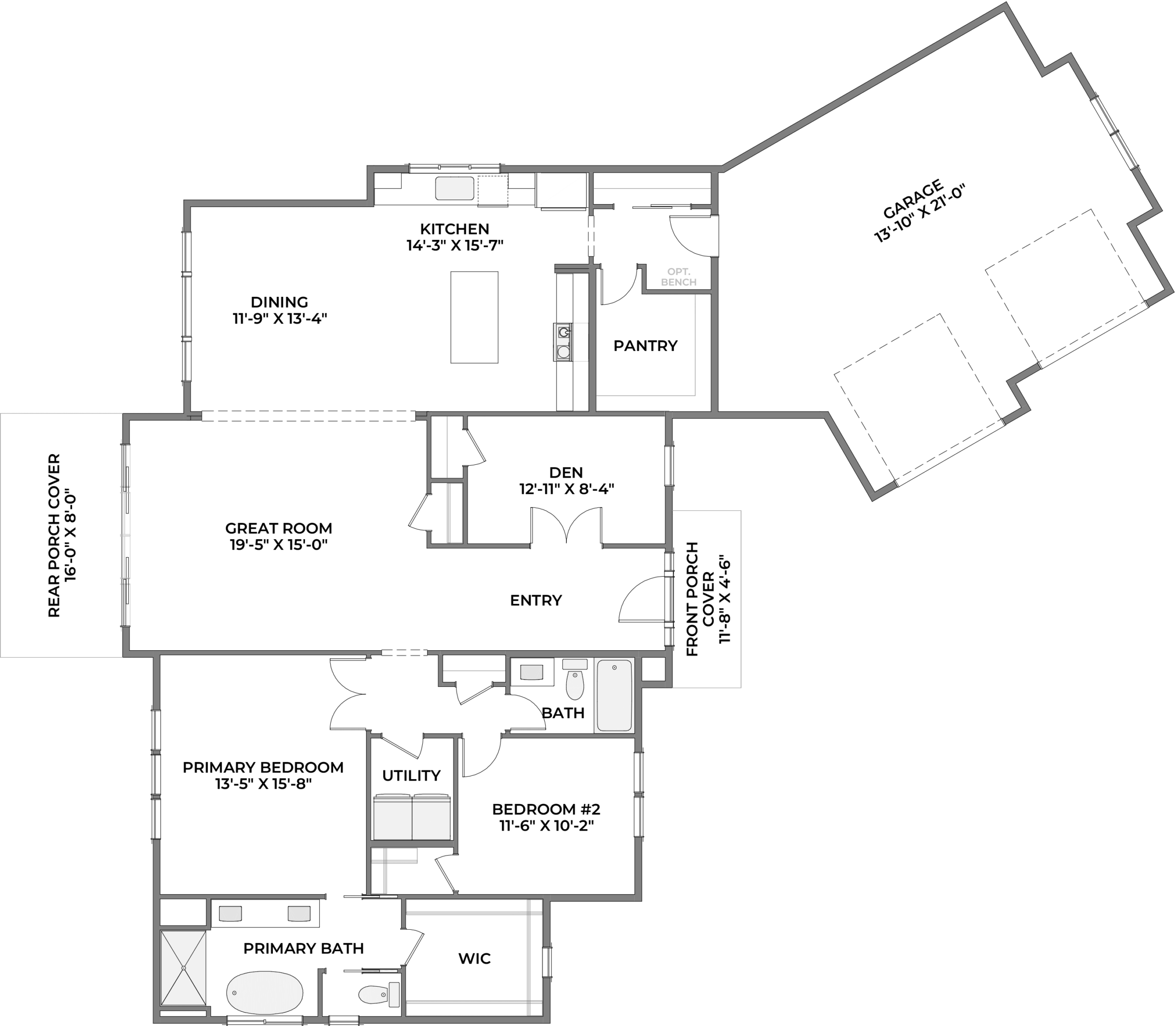 Floor plan of a residence showing entry, great room, dining, kitchen, pantry, den, bedrooms, baths, utility, and a two-car garage labeled GARAGE 13'-10" x 21'-0".