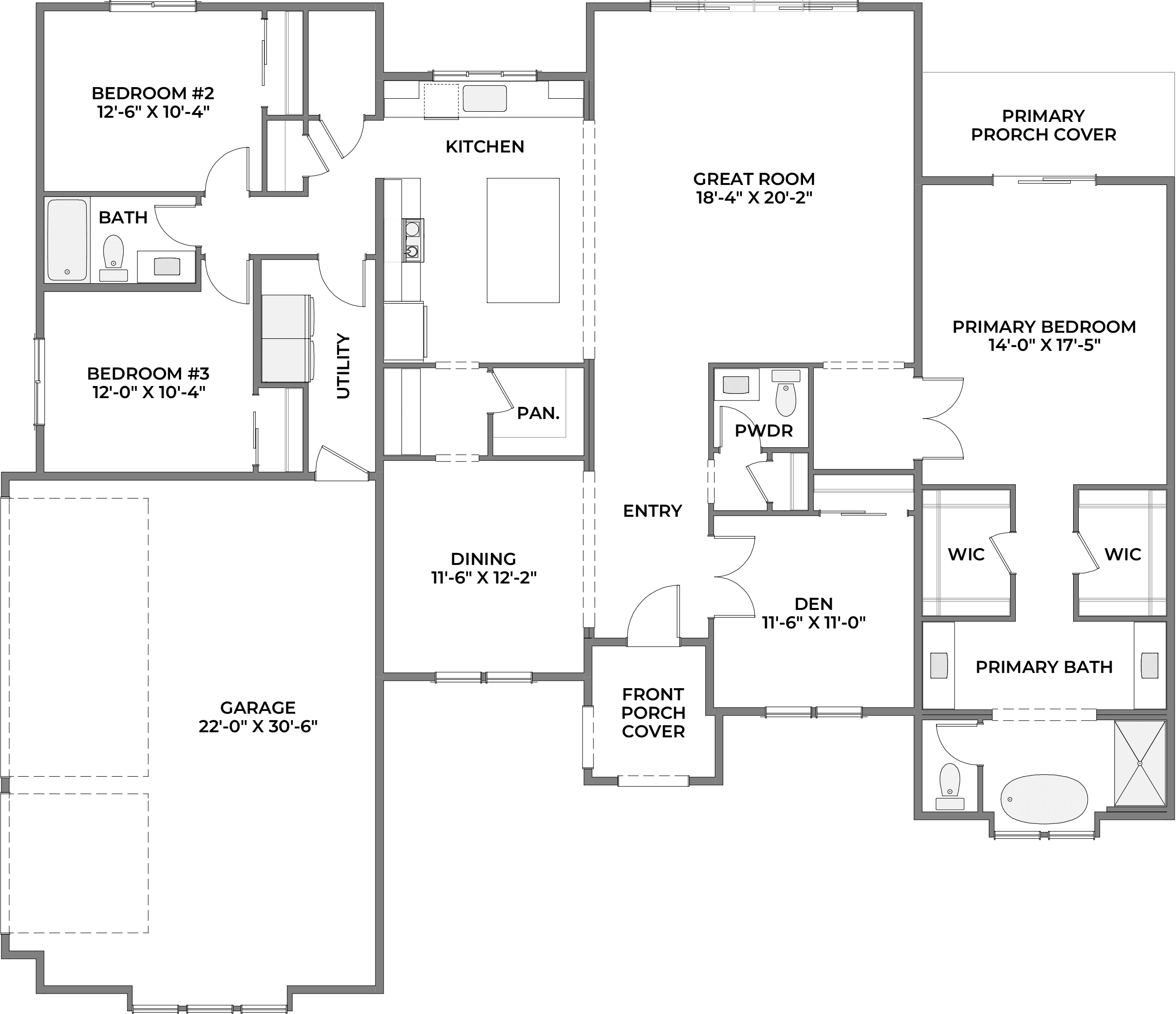 Floor plan showing labeled rooms: bedrooms, kitchen, great room, dining, entry, garage, porches, and baths.