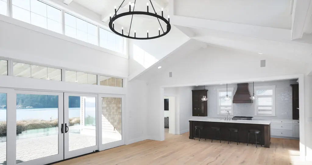 Spacious modern kitchen with large glass windows
