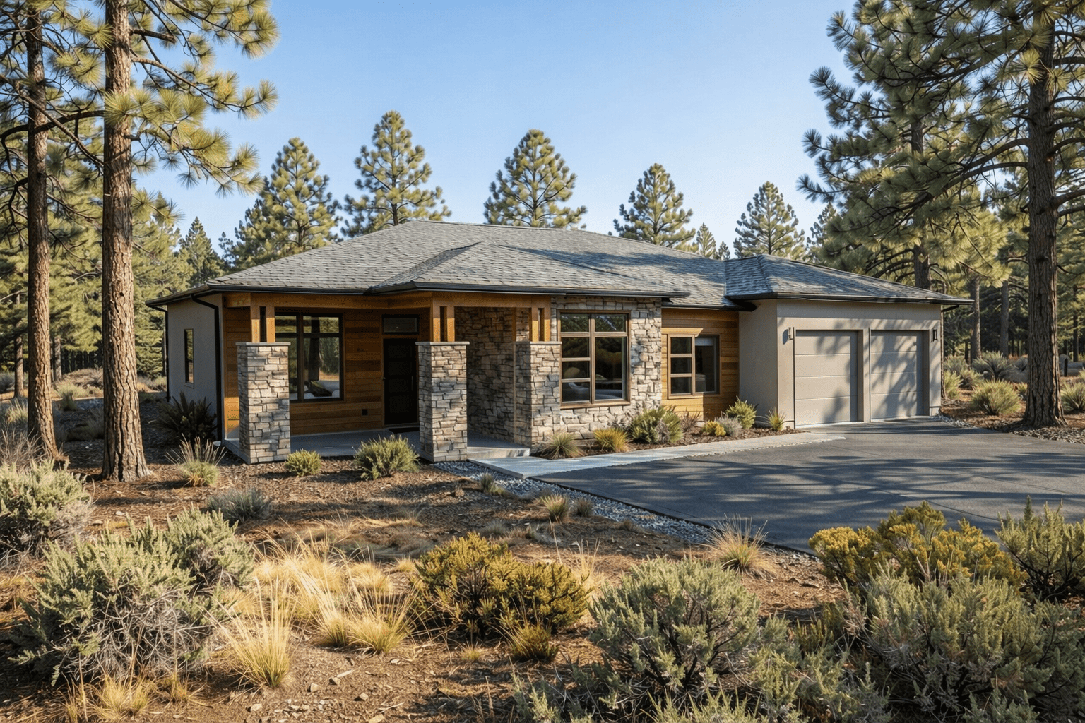 Modern ranch home in pine forest