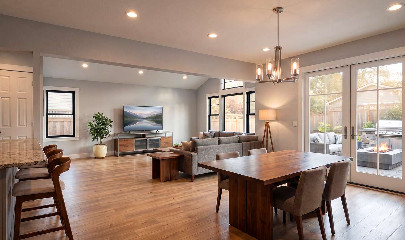 Open-plan living and dining room with a gray sectional, wooden dining table, and a TV on a console under large windows.Outside patio visible through glass doors.