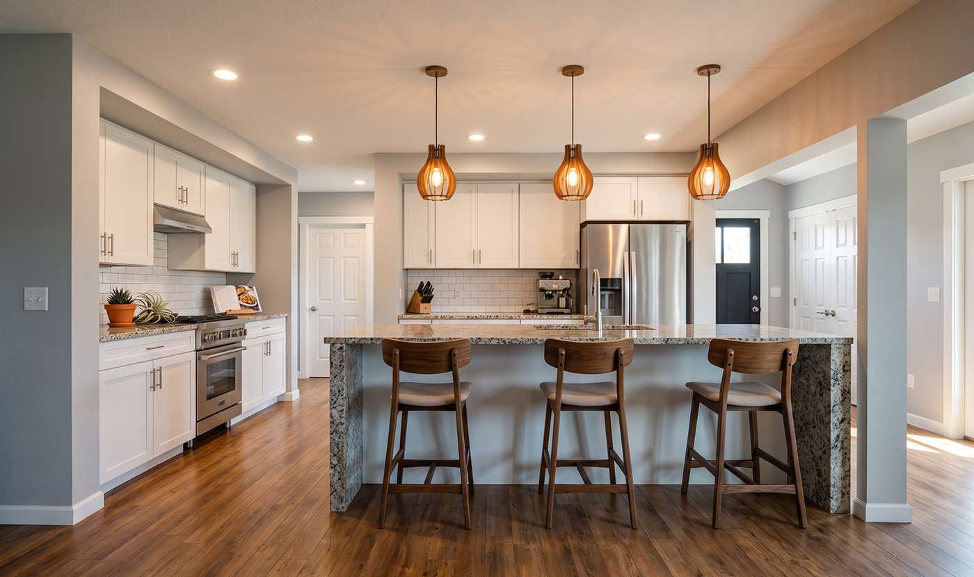 Modern kitchen with a granite island, three wooden bar stools, white cabinets, and stainless steel appliances under warm pendant lights.