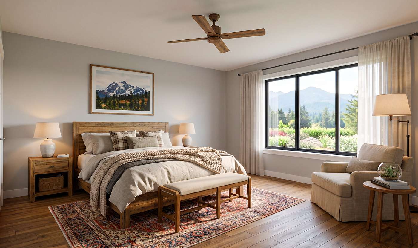 Bright rustic bedroom with a wooden bed, bench, and nightstands, overlooking a scenic mountain view through a large window.