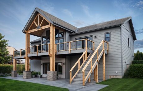 Aspen Custom Home Back 3 Modern two-story house with wooden balcony stairs