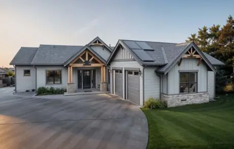 Aspen Custom Home Front 2 - Inspire Homes Modern energy-efficient home with solar panels installed