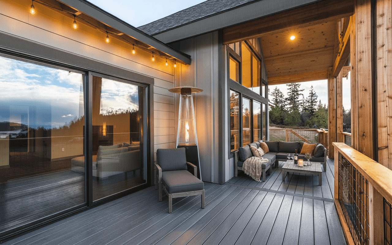 Aspen Custom Patio Sloped Lot Cozy modern patio with outdoor seating area