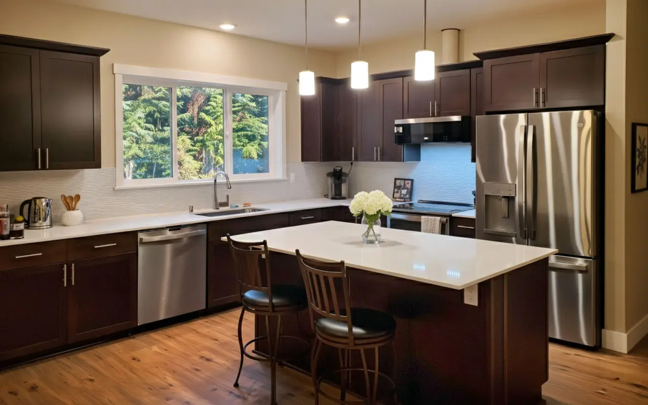 Aspen Tacoma Kitchen 2 - Inspire Homes Modern kitchen with island and stainless steel appliances