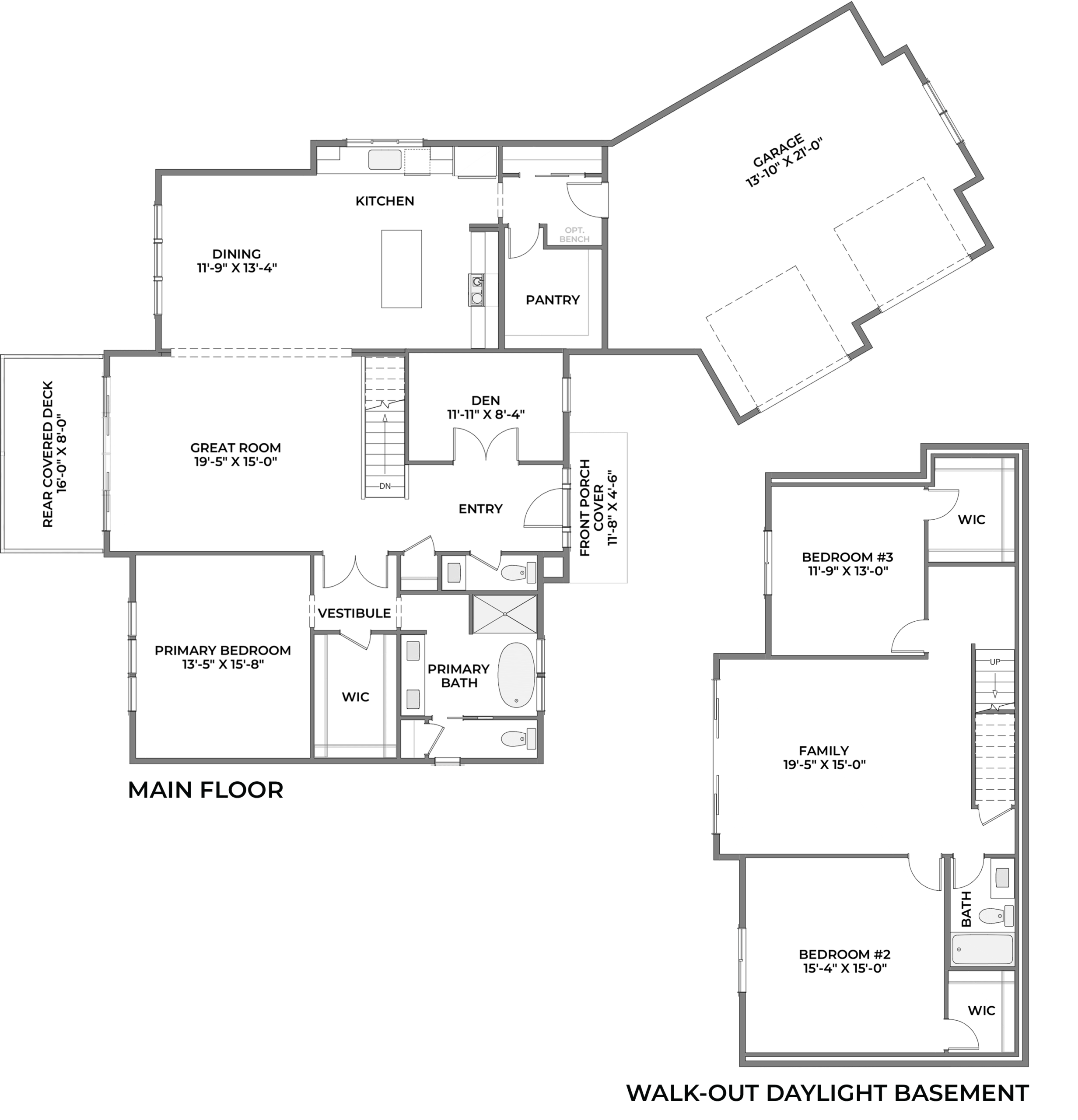 Main/upper floor and walk-out daylight basement plan, labeling rooms: kitchen, dining, pantry, den, great room, primary bedroom with bath and walk-in closet, plus garage and other spaces.