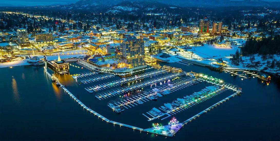 Aerial view of marina with colorful lights