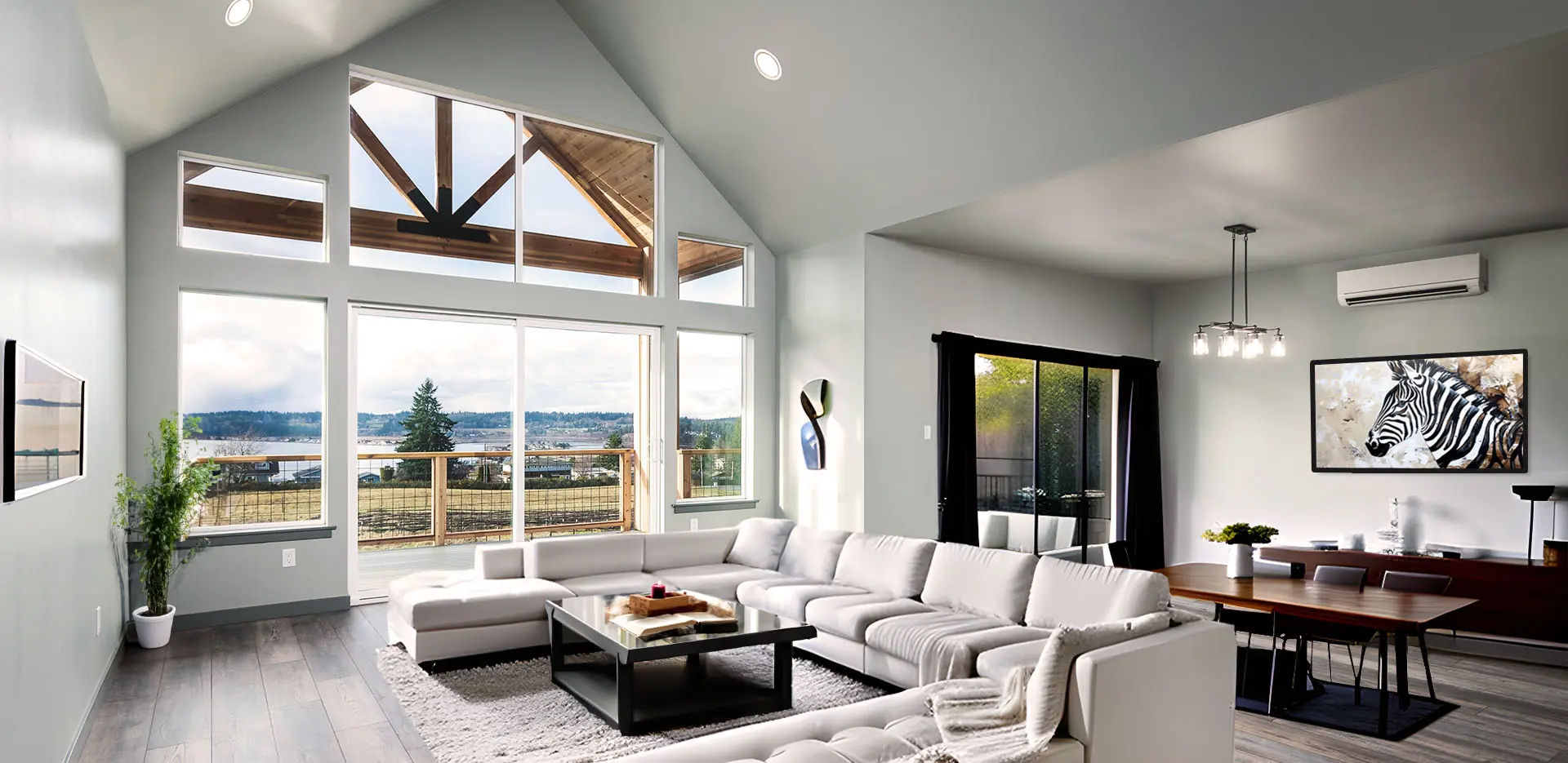 Spacious modern living room with large windows