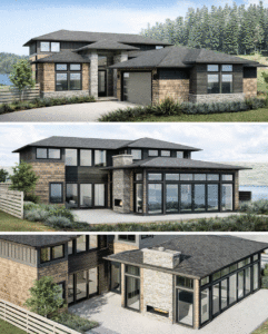 Modern two-story house with large glass windows