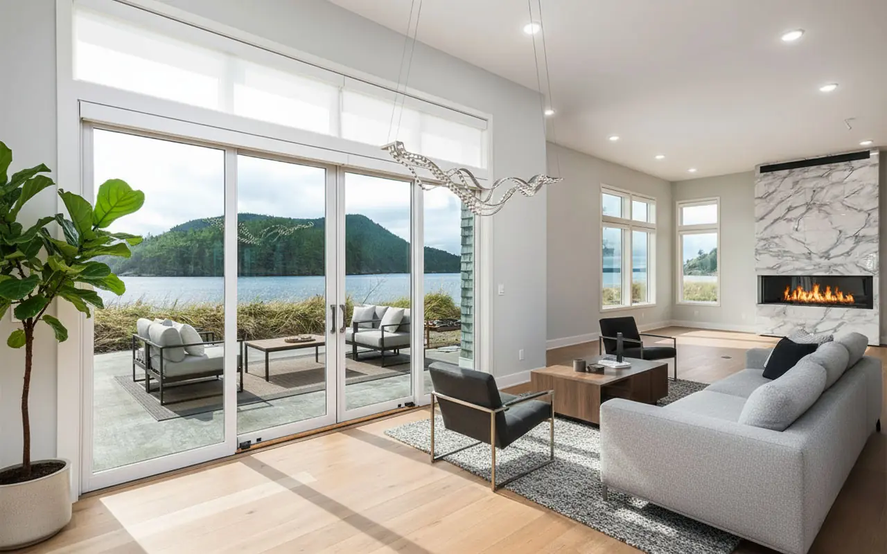 Fidalgo Villas – Modern Interior - Inspire Homes Modern living room with large scenic windows