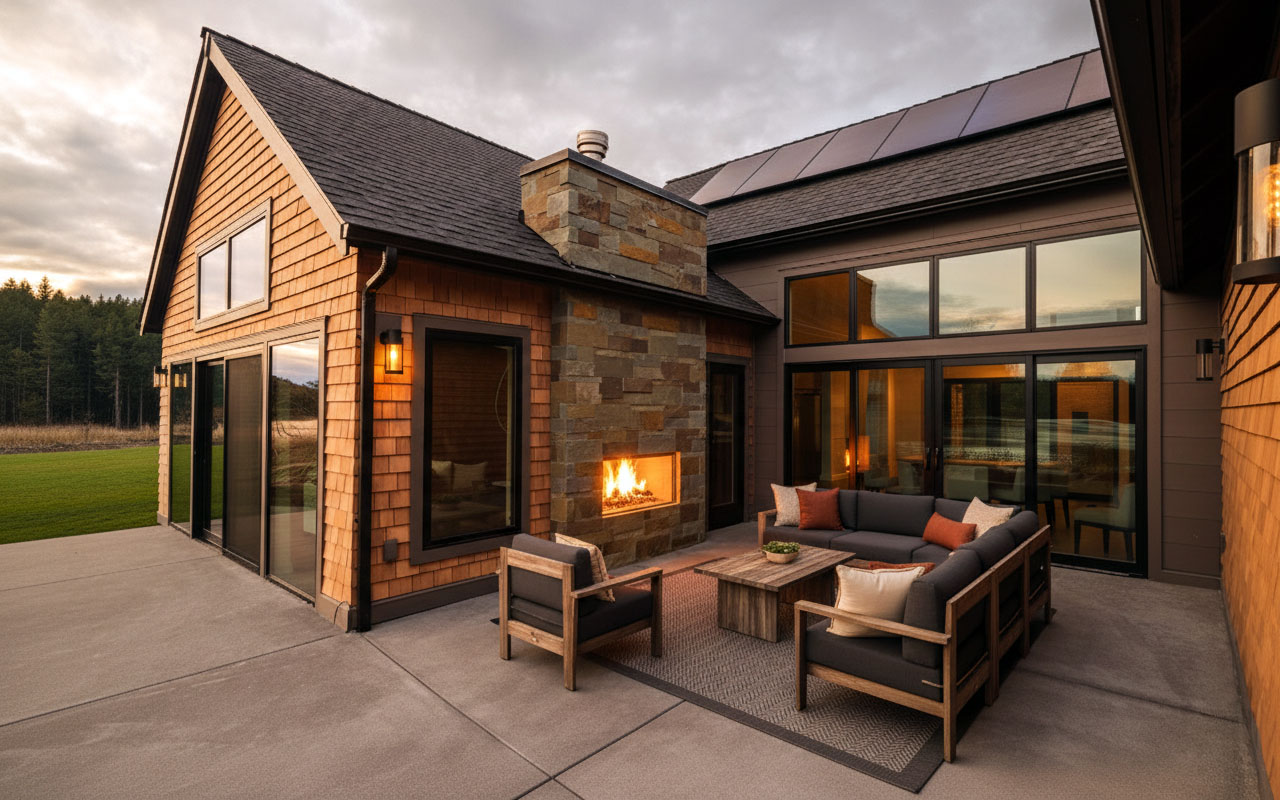 Fidalgo Villas Patio – Custom Home Modern patio with fireplace and outdoor seating