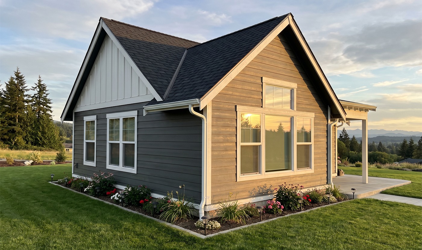 Front side of a two-tone modern house with a steep gabled roof, large white-trimmed windows, and a manicured lawn.