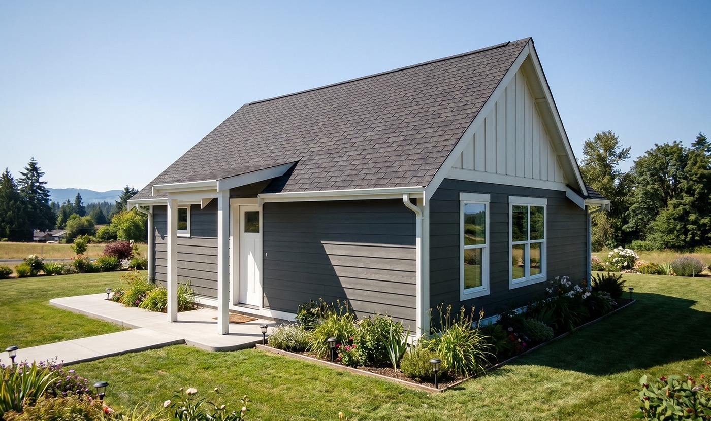 Small gray, single-story house with white trim and a gabled roof, set in a green, flower-filled yard on a sunny day.