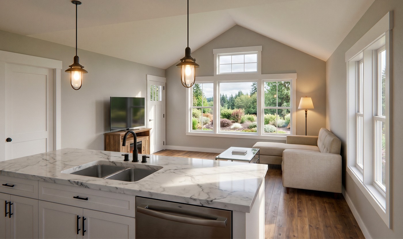 Bright open-concept living room with a marble island and double sink in the foreground; warm pendant lights hang from the ceiling.