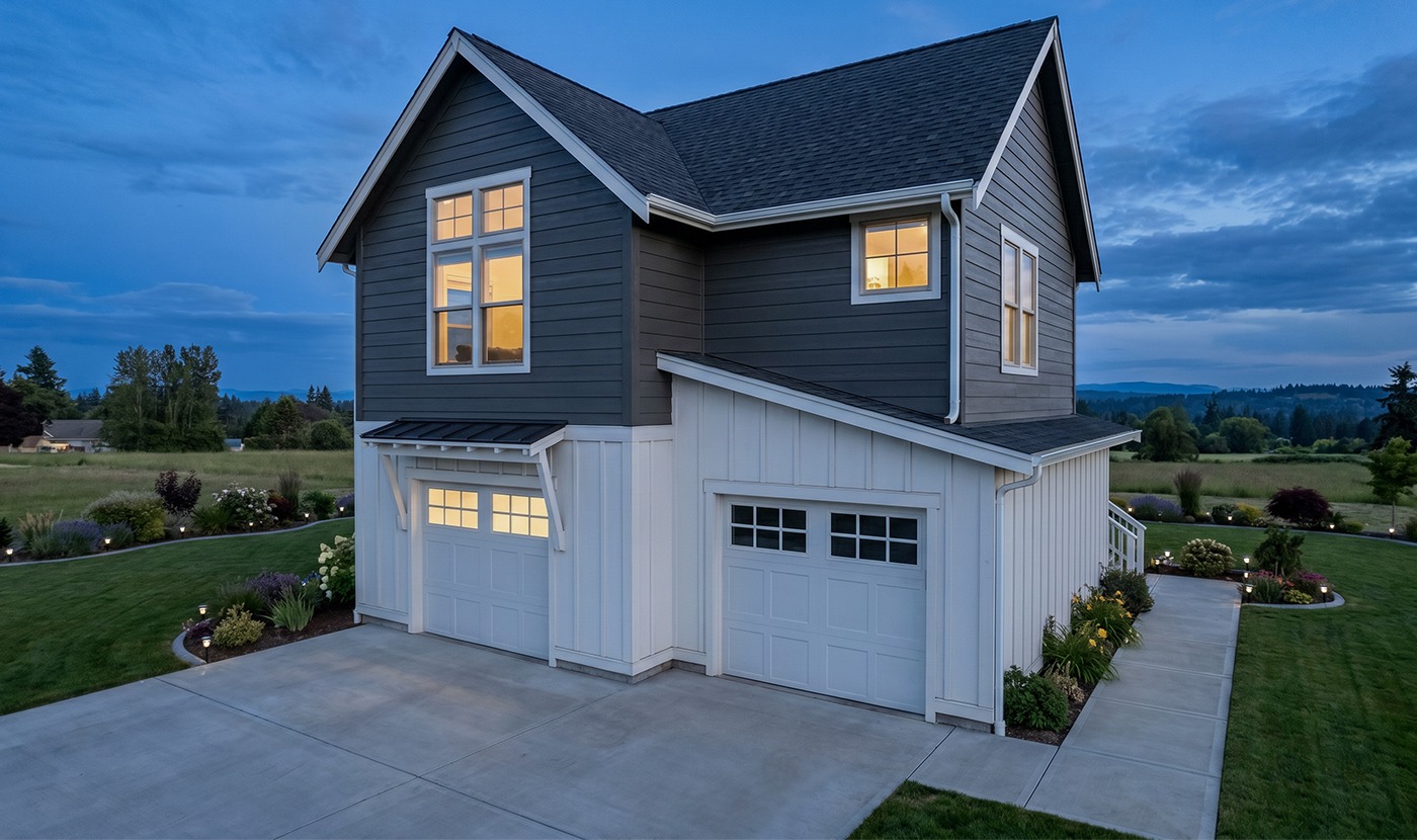 Two-story modern house with a white three-car garage, gray upper siding, and landscaped lawn at dusk with warm interior lights visible through windows.