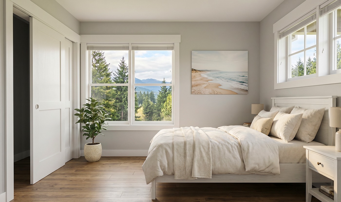 Minimalist bedroom with white furniture, beige bedding, and a large window overlooking pine trees and distant mountains.
