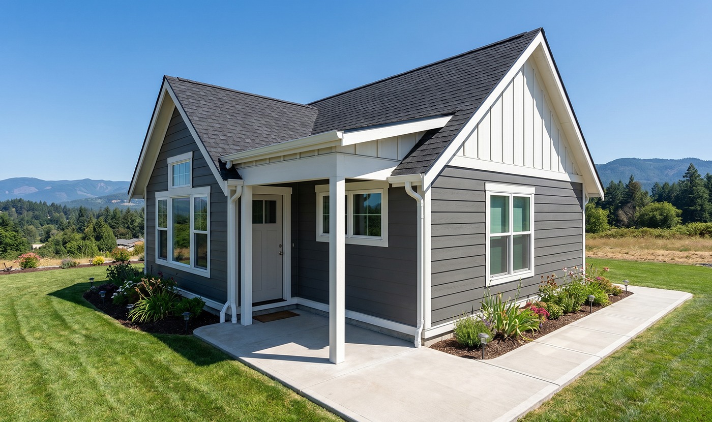 Front view of a modern gray single-story house with white trim, a small porch, and a well-kept lawn.