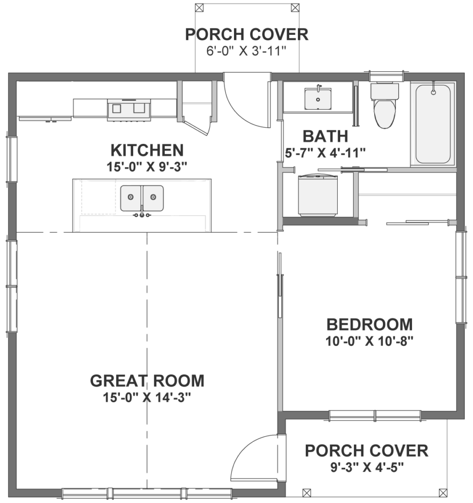 Small house floor plan layout with dimensions.