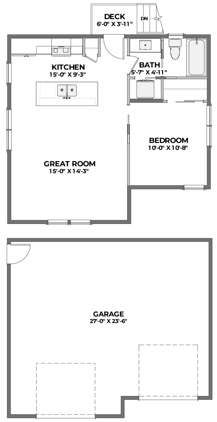 One-bedroom apartment floor plan with garage.