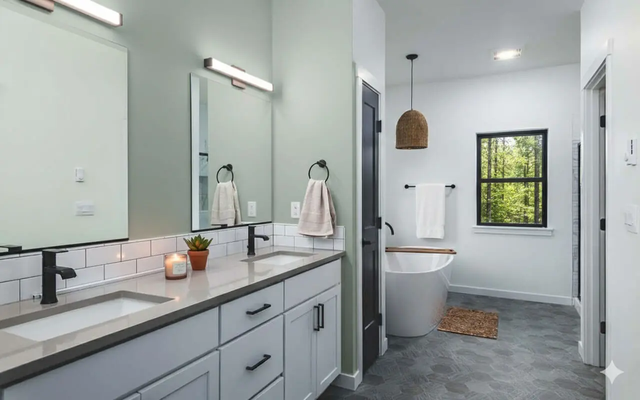Modern bathroom with dual sinks and bathtub.