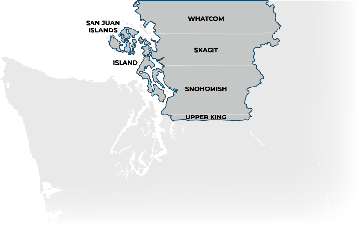 Map highlighting regions in Washington state counties where Inspire Home builder services