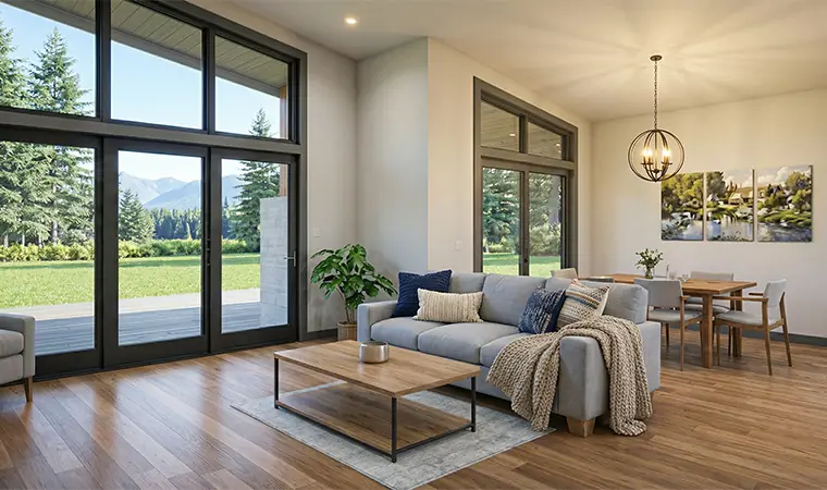Modern living room with large windows and sofas