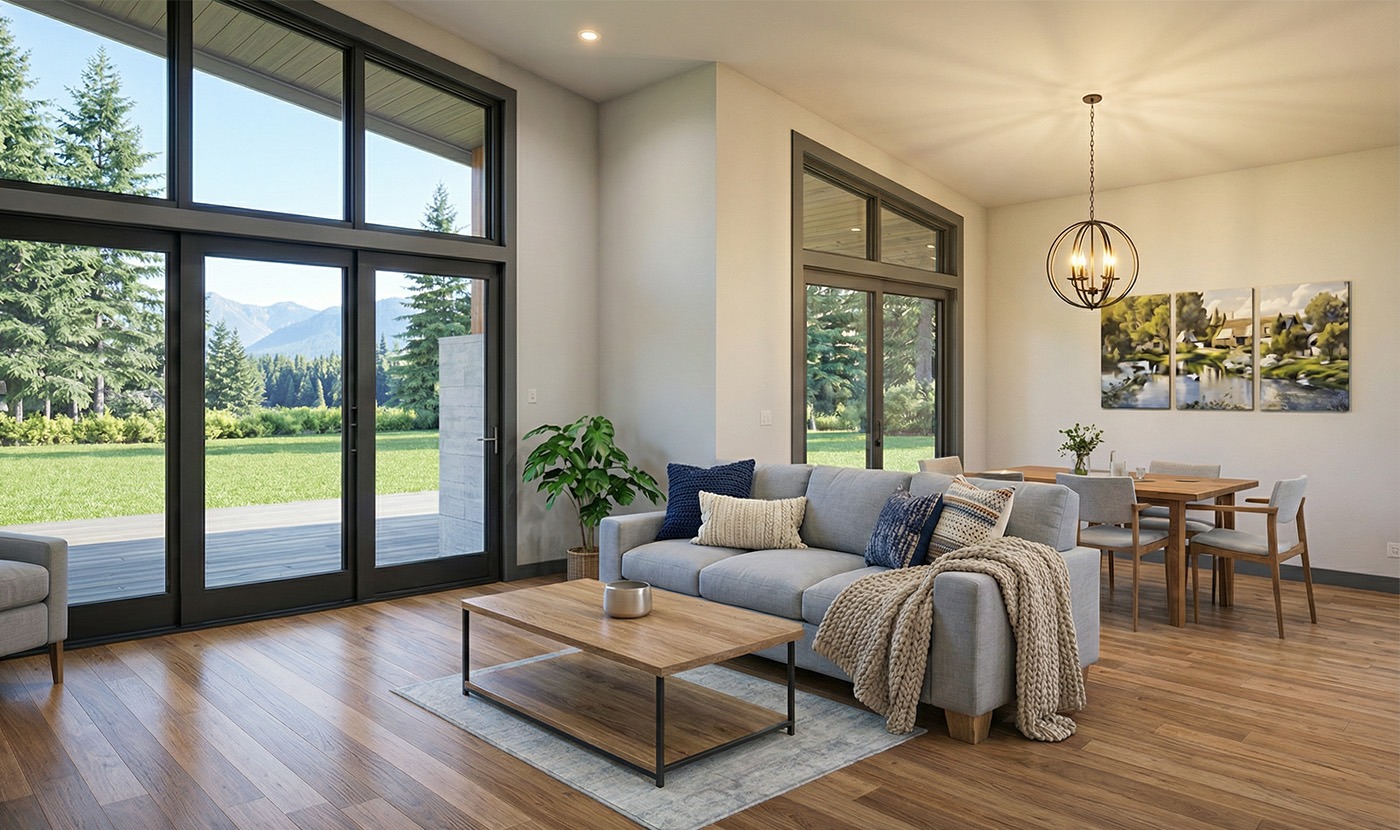 Modern living room with mountain view and decor