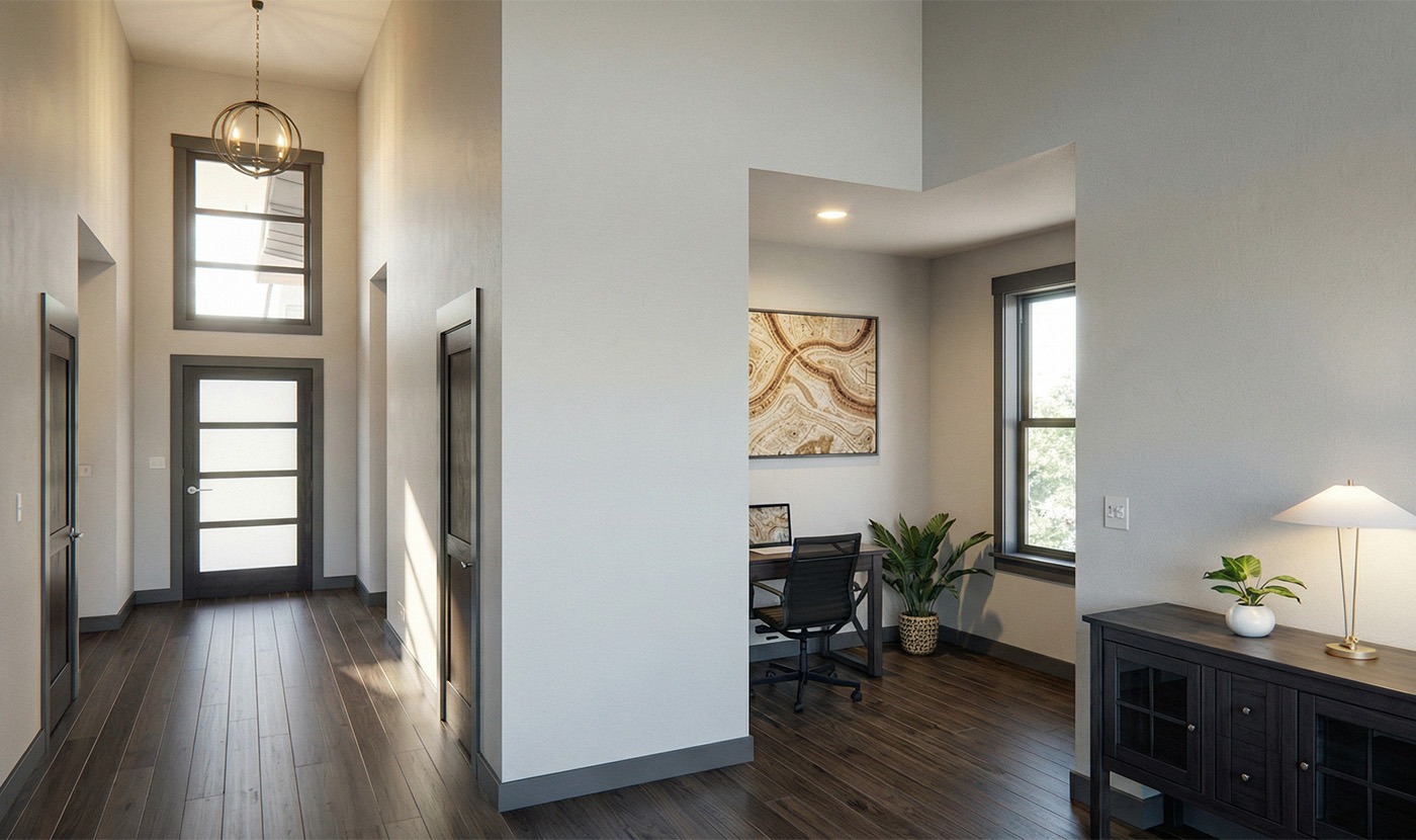 Modern home interior with office and hallway.