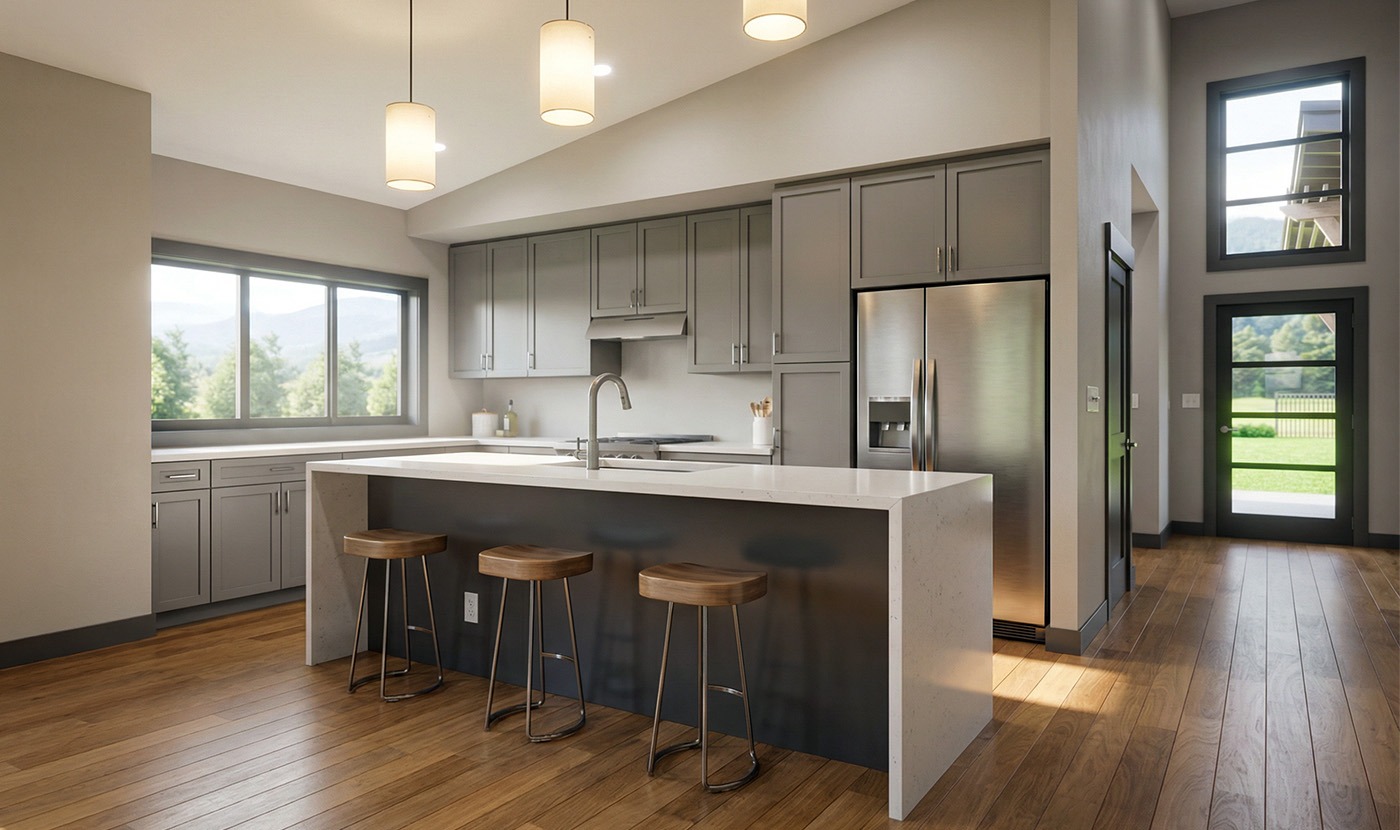 Modern kitchen with island and wooden flooring
