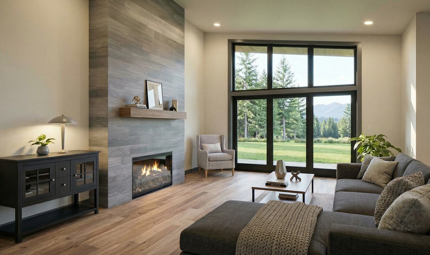Modern living room with large scenic windows