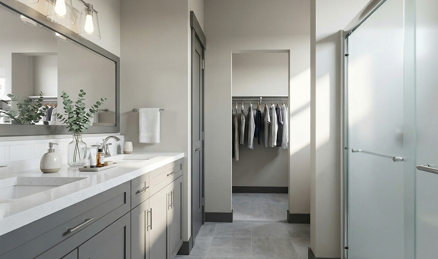 Modern gray bathroom with walk-in closet view