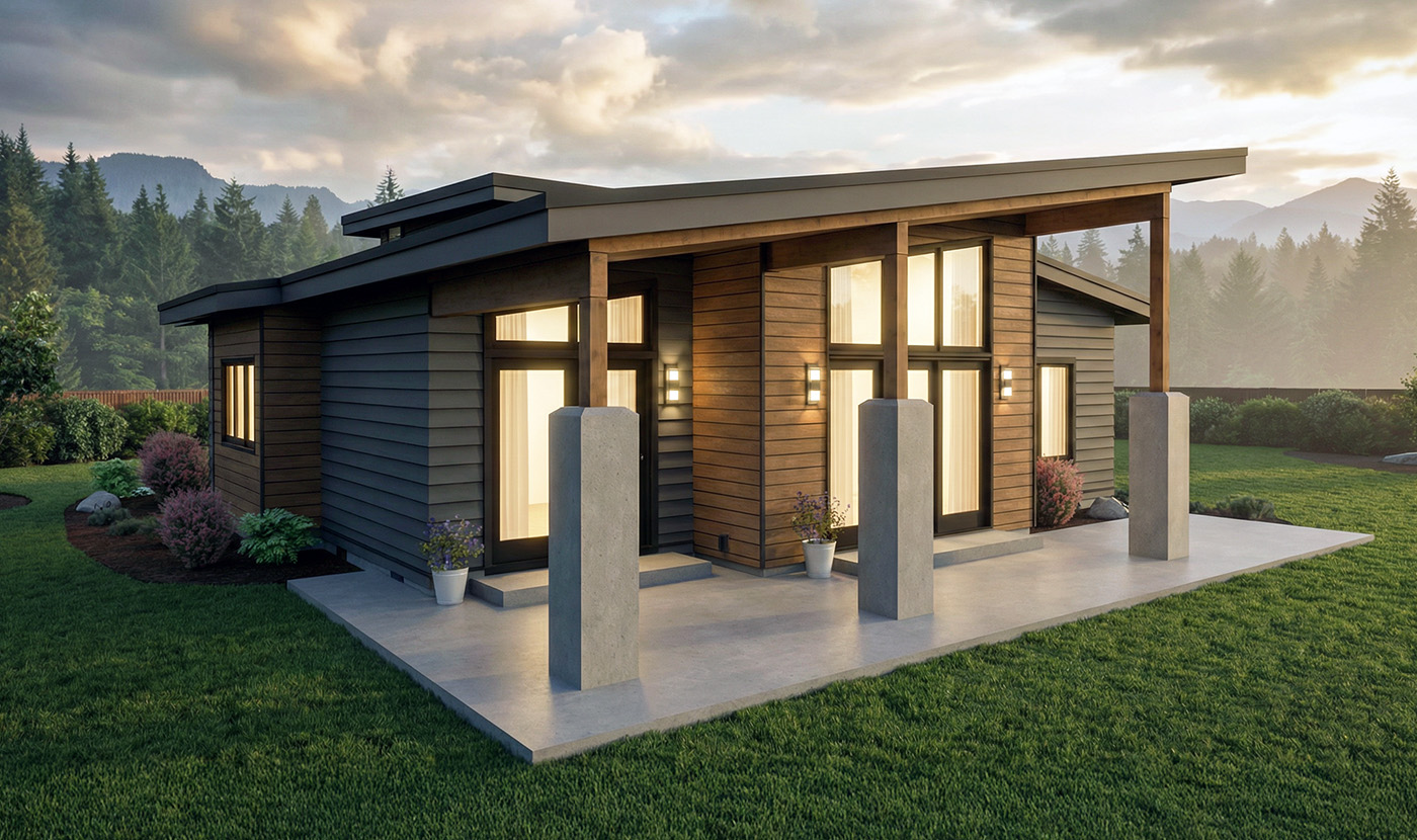 Contemporary wooden house exterior with lush landscape.