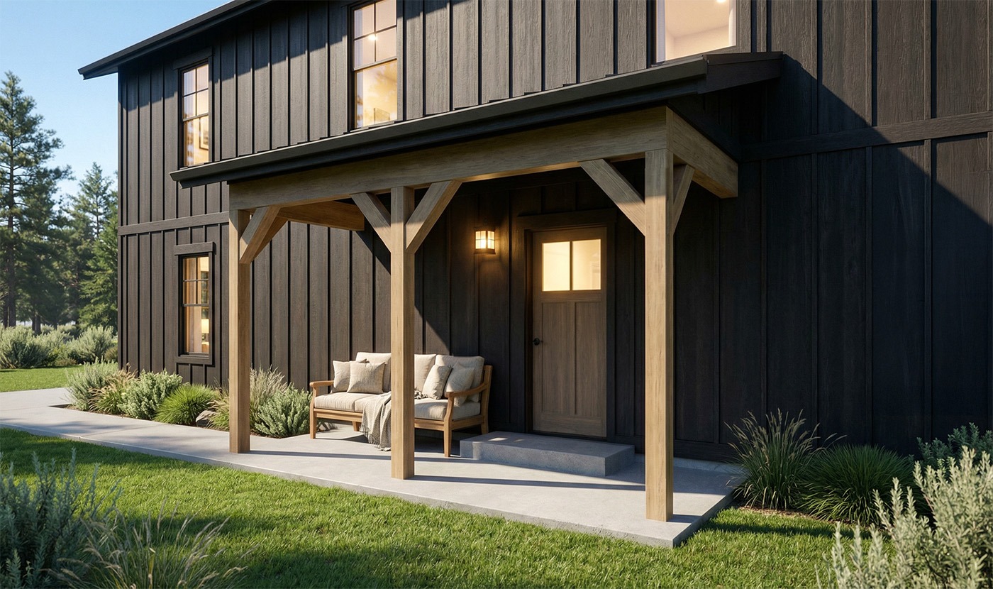 Modern farmhouse exterior with wooden porch design.