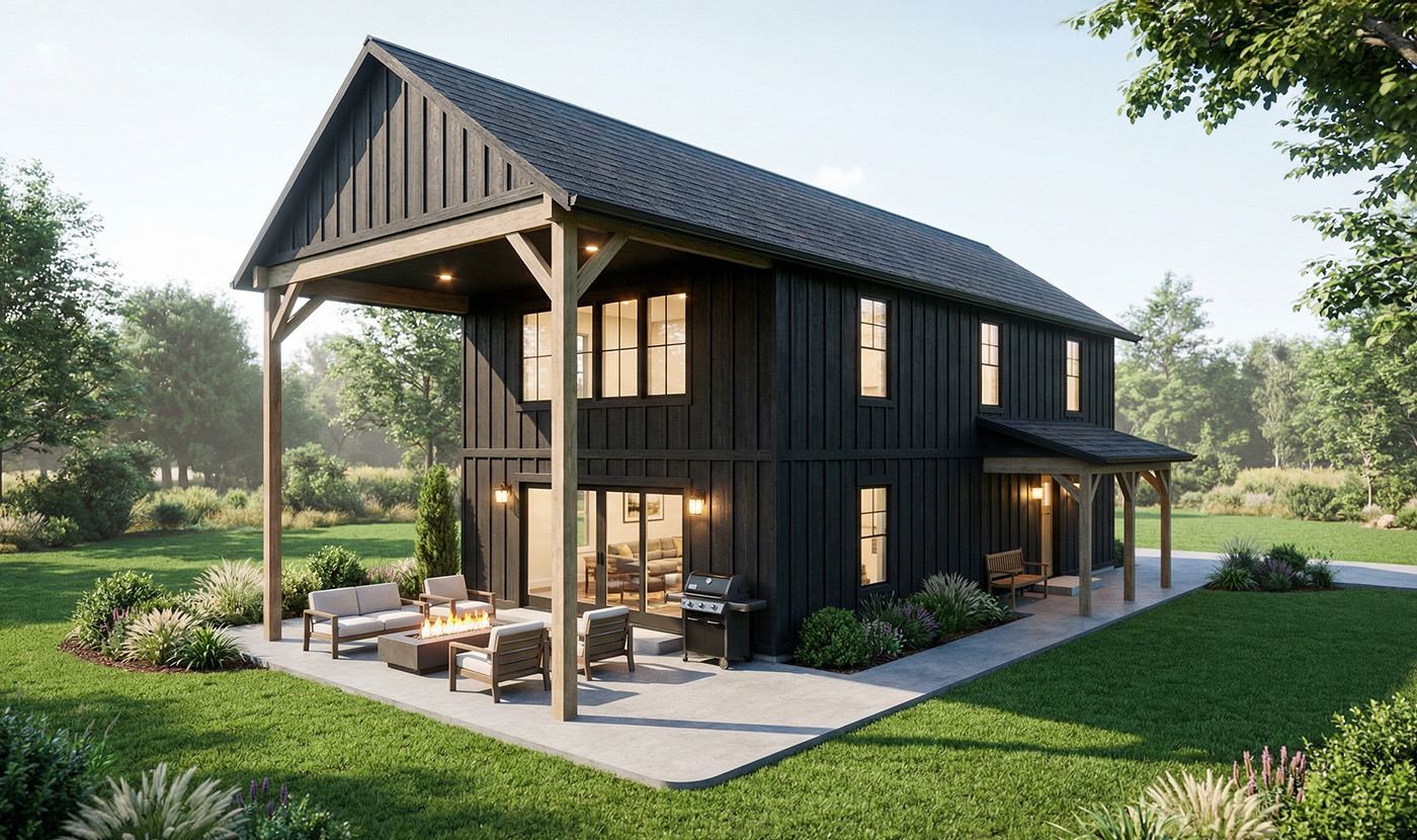 Modern farmhouse with lush green surroundings and patio