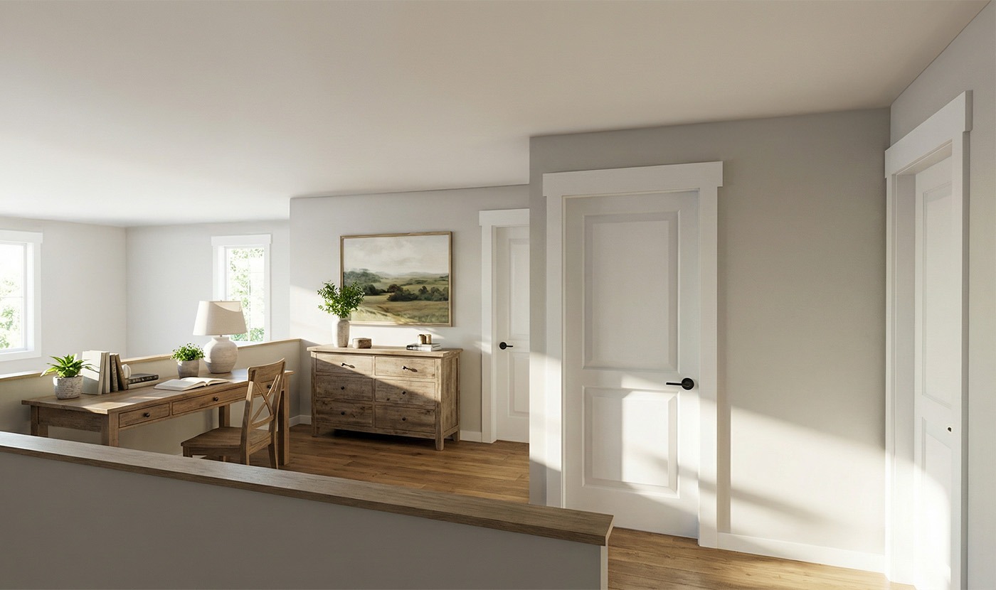 Modern home office with natural light and desk