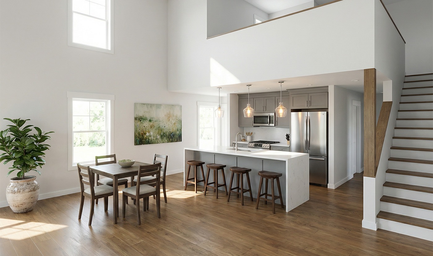 Modern open-concept kitchen with dining area and stairs