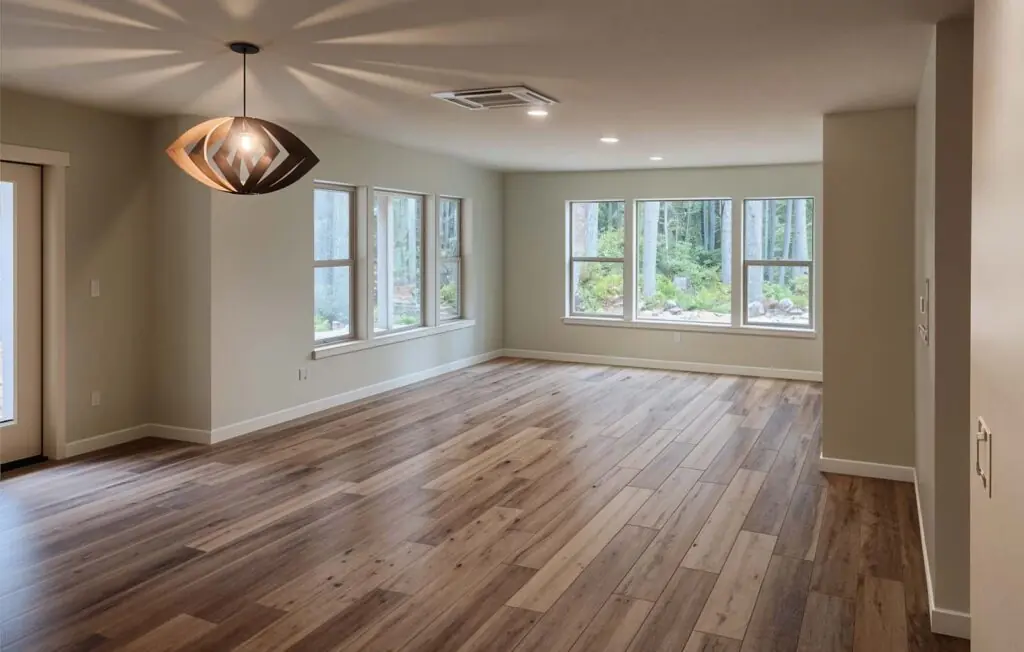 Spacious living room with wooden flooring design.