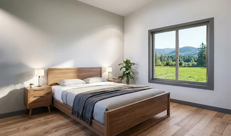 Modern bedroom with scenic mountain view window