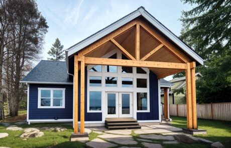 Inspire White Oak Back Modern blue house with wooden beams exterior.