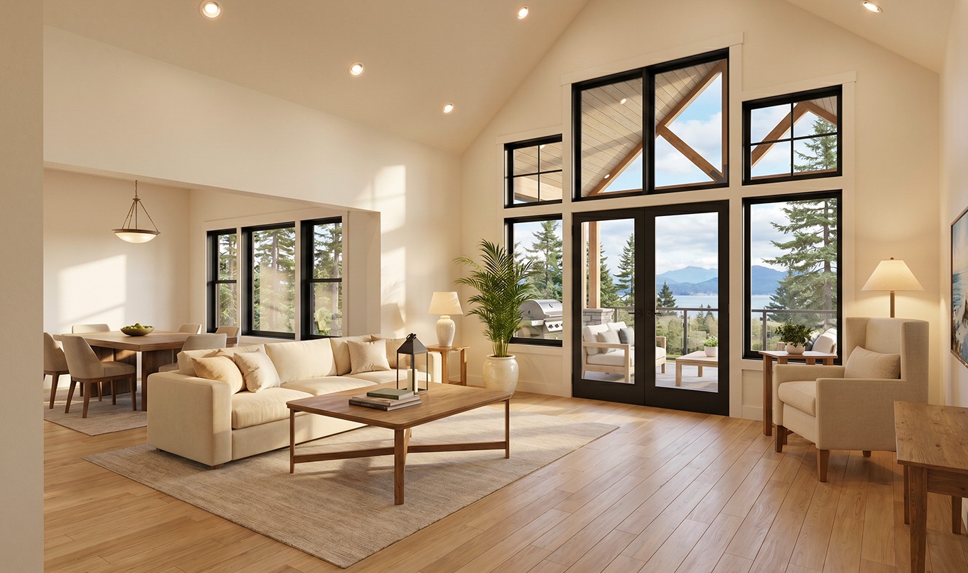 Bright open-concept living room with beige sofa, coffee table, and large black-framed windows revealing a lake view and outdoor seating on a deck.
