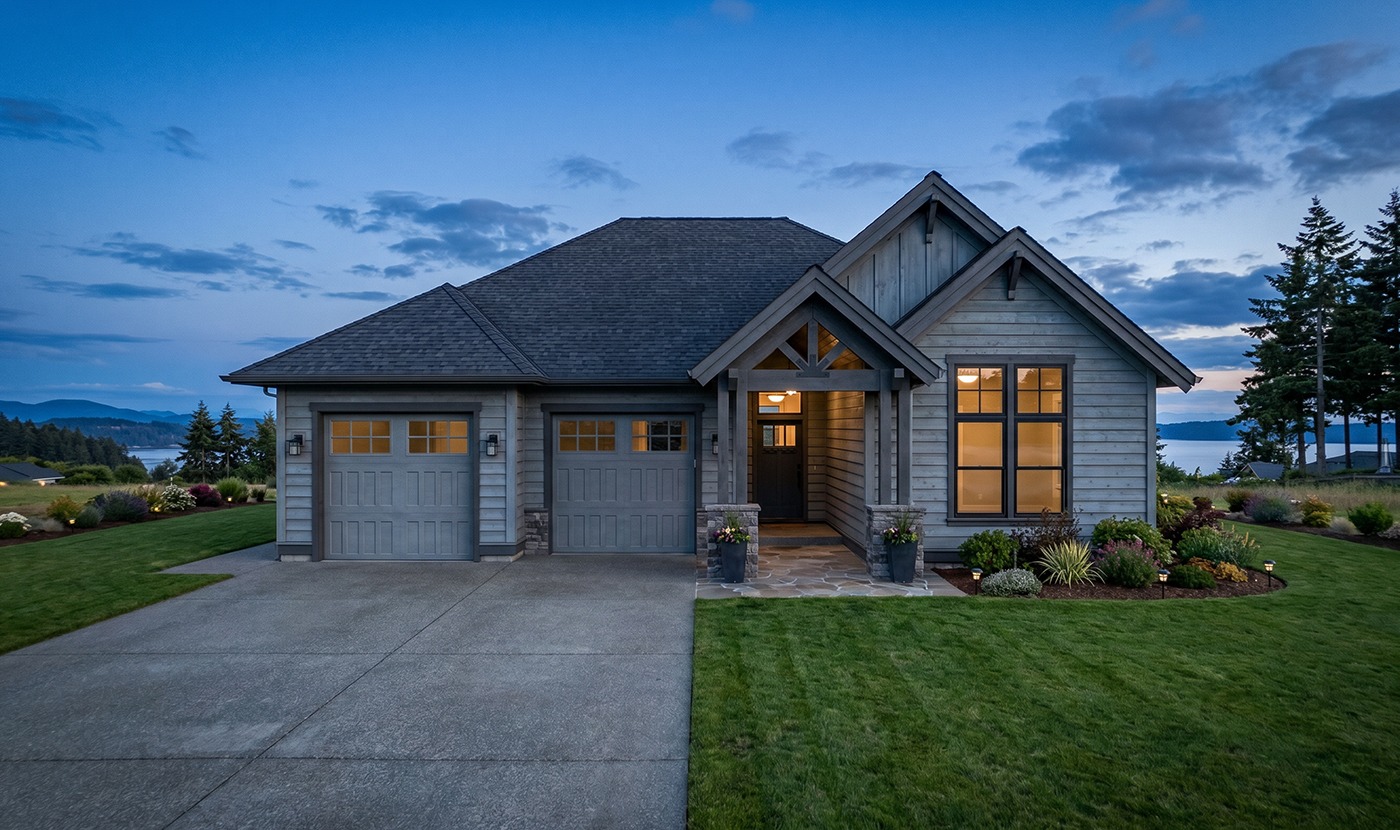 Front view of a modern gray two‑car garage home with stone accents and a lit entry, at dusk with a landscaped yard nearby.