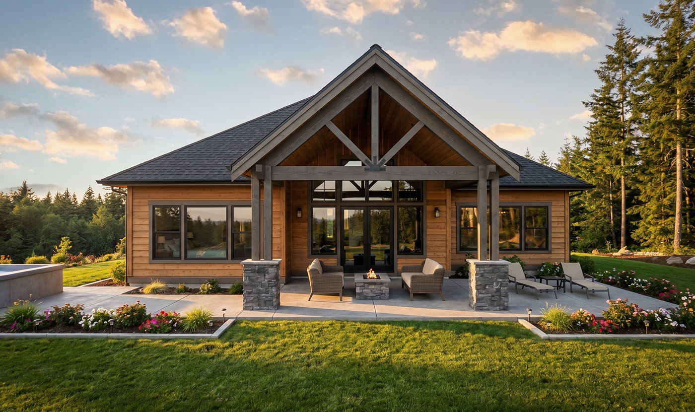 Wood-clad, single-story home with a covered front porch and a central gable, outdoor seating around a fire pit on a concrete patio.