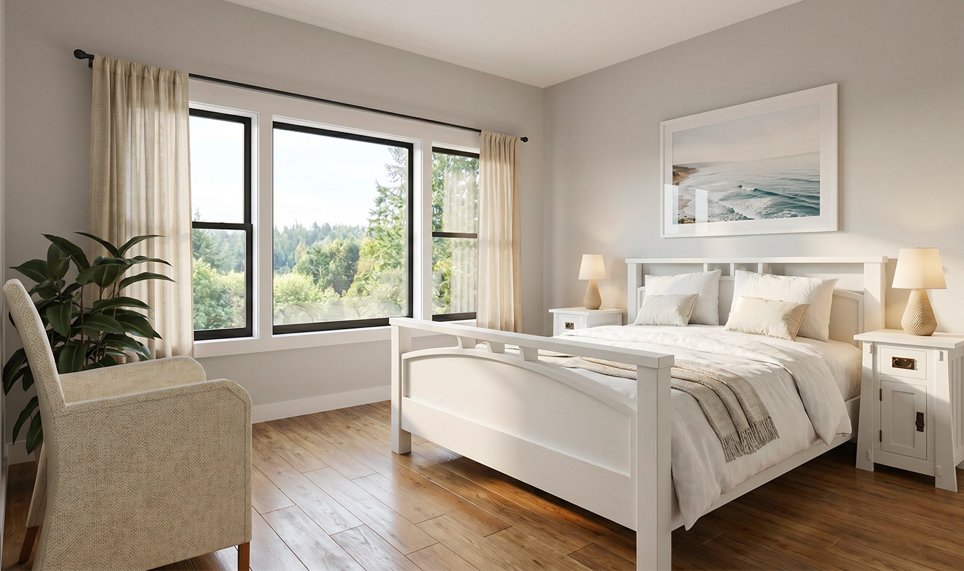 Bright modern bedroom with a white bed, two matching nightstands, and warm beige curtains framing a large window overlooking trees outside.