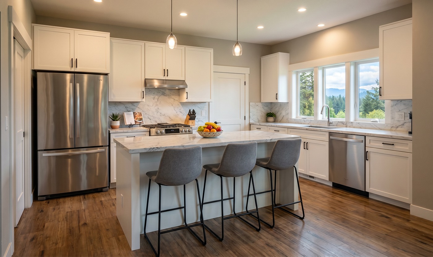 Modern white kitchen with a marble island, stainless steel fridge, and a large window with a mountain view.