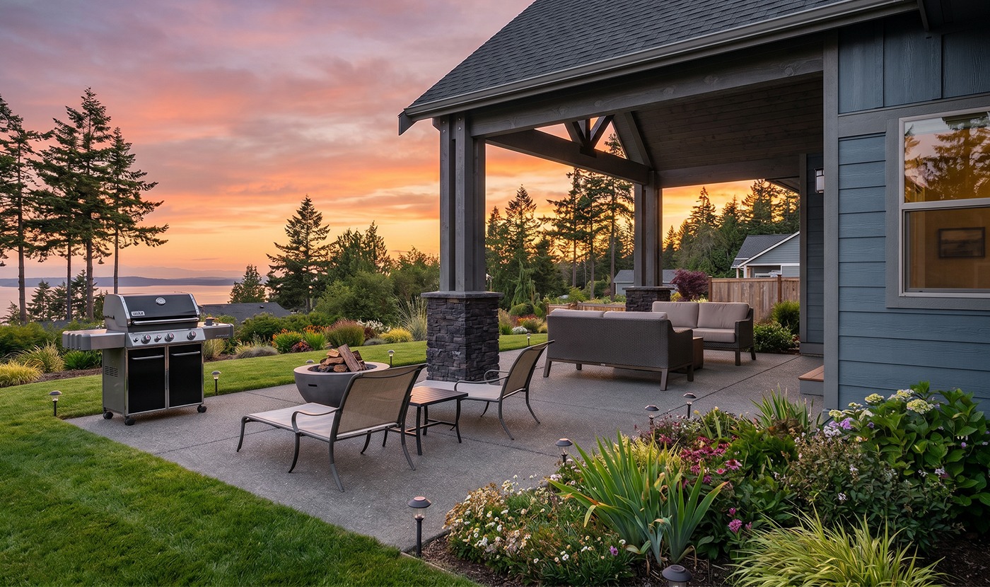 Sunset over a landscaped backyard patio with a gas grill, fire pit, and outdoor seating under a covered structure.