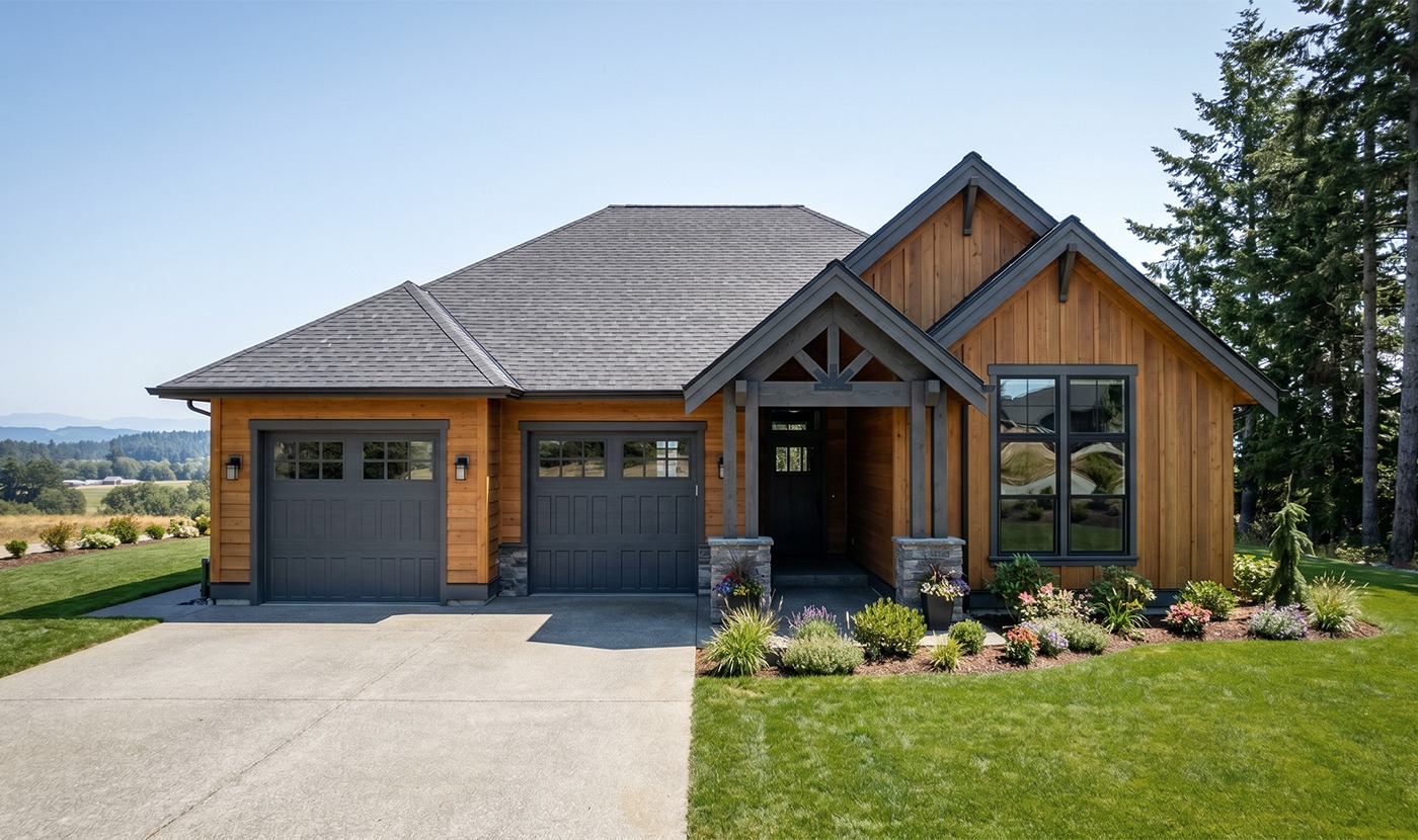 Modern wooden, craftsman-style house with a two-car attached garage, stone accents, and a landscaped front yard.