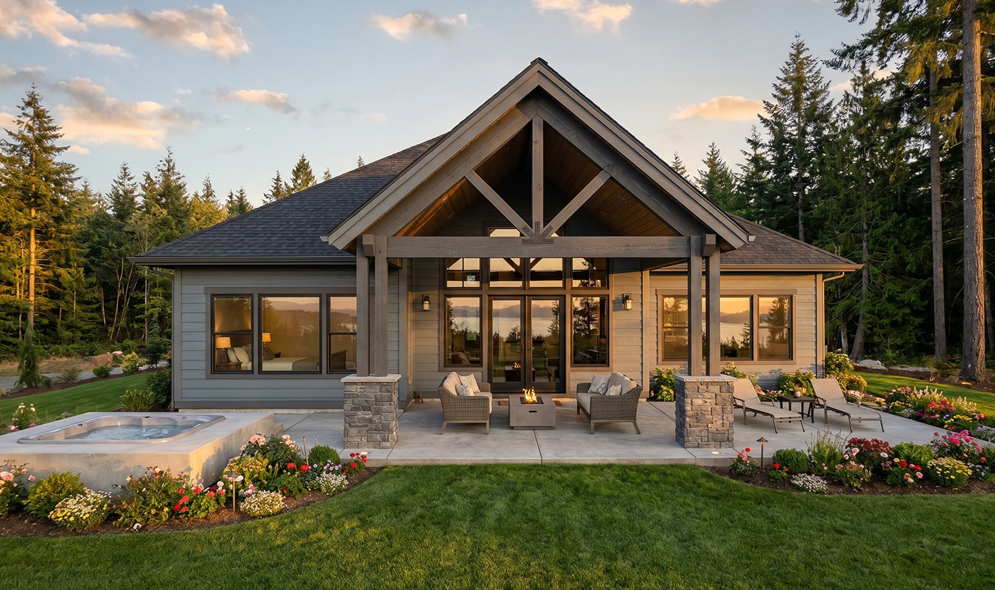 Modern house with a covered patio, outdoor seating area around a fire pit, and a hot tub in a lush backyard at sunset; trees and a lake in the distance.