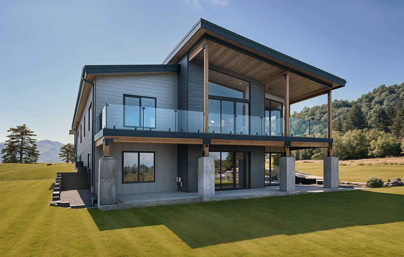Langley Home w Slope- Back Modern two-story house with glass balcony exterior